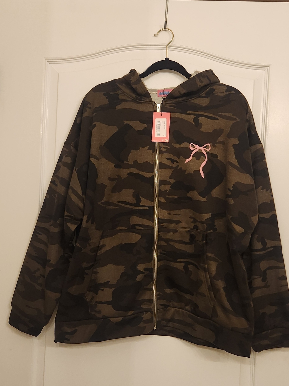 Edikted Womens' Camo Zip Hoodie in Brown, Green with Pink Bow Size Large